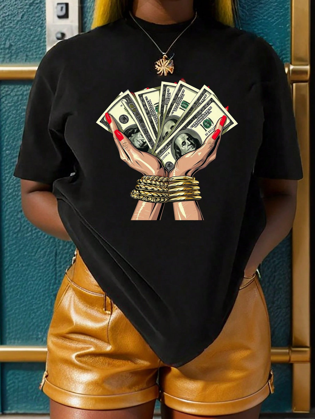 Get ready to make a statement with our Trendy Dollar Print Round Neck T-Shirt! This fun and stylish t-shirt features a bold dollar print design that will add a touch of effortless style to any outfit. Show off your playful side and make a statement without even trying with this quirky t-shirt.