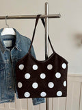 Front view of Trendy Floral One-Shoulder Canvas Handbag for Female Students - Minimalist Cloud Bubble Design in Coffee Brown color