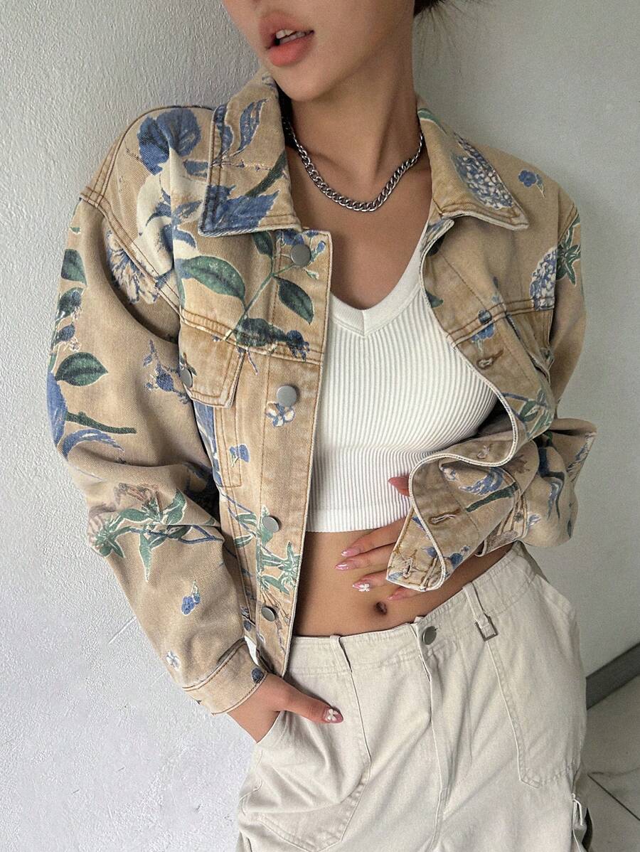 Trendy Floral Print Drop Shoulder Denim Jacket for Effortless Style - women outerwear jacket visible in all media images, product image 1