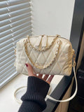 Image 1 - front view of Trendy Korean Spring Boston Pillow Handbag: Chic Small Tote with Embroidered Design and Chain Strap