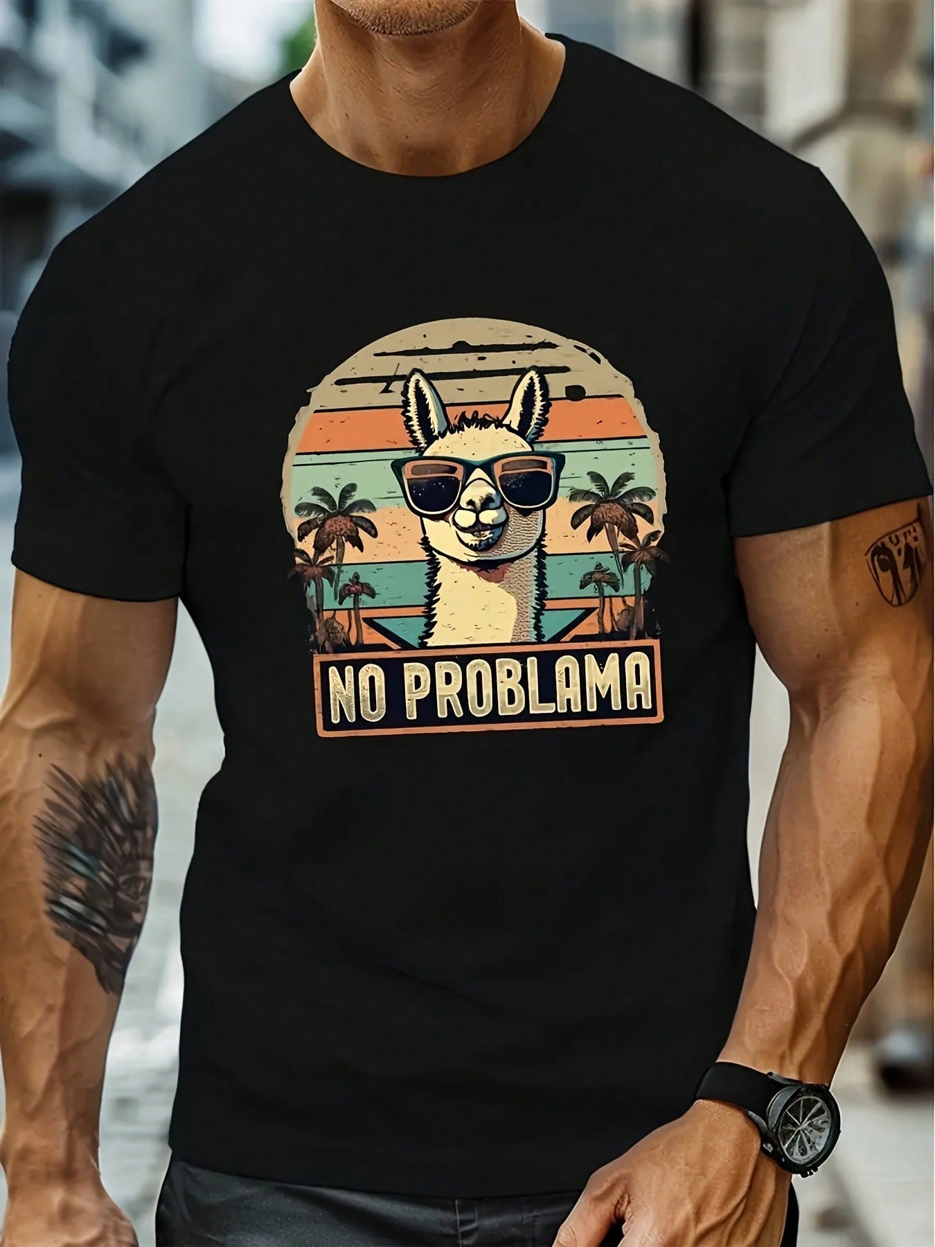 Step into summer fun with this playful black tee featuring a cool llama sporting stylish glasses and surrounded by palm trees. Perfect for casual outings, it adds a quirky twist to your wardrobe while keeping you comfortable and effortlessly trendy.