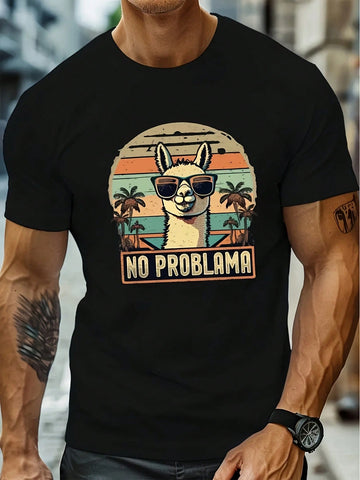 Step into summer fun with this playful black tee featuring a cool llama sporting stylish glasses and surrounded by palm trees. Perfect for casual outings, it adds a quirky twist to your wardrobe while keeping you comfortable and effortlessly trendy.