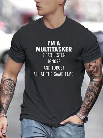 Make a bold statement with this trendy men's slogan graphic tee, designed for effortless casual style and all-day comfort. Crafted from soft, breathable fabric, it keeps you cool while showcasing your personality. Perfect for pairing with jeans or shorts, this tee adds a playful edge to your everyday look.