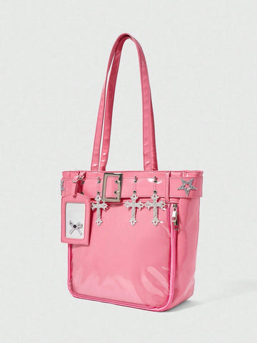 Make a bold statement with this striking pink punk gothic shoulder tote. Featuring edgy star hardware and a spacious silhouette, it's designed for girls who embrace alternative fashion with confidence. The durable construction handles daily essentials while the eye-catching design turns heads. Perfect for school, outings, or expressing your unique style, this tote combines attitude with practicality. An essential accessory for anyone who refuses to blend in.