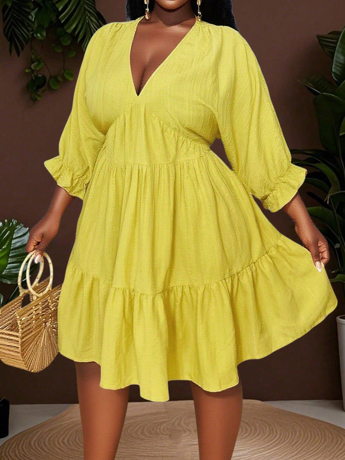 Step out in style with this Trendy Plus-Size V-Neck Lantern Sleeve Mini Dress, designed to keep you cozy and fabulous through autumn, winter, and even Halloween! Its playful lantern sleeves add a fun twist, while the flattering V-neckline highlights your curves perfectly. Whether you're heading to a casual outing or a seasonal celebration, this mini dress offers comfort and flair that lets you shine with confidence.