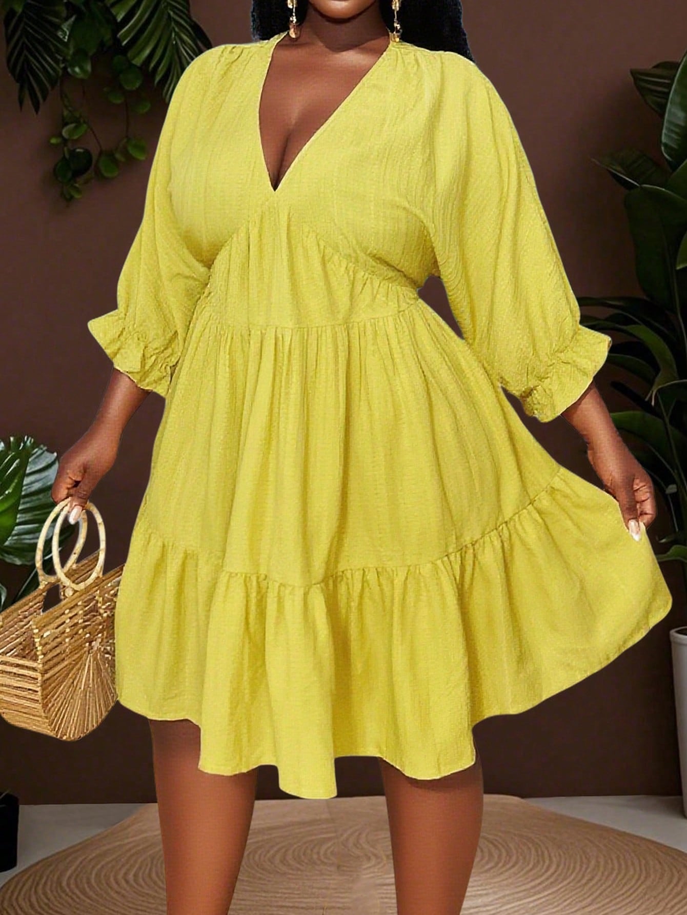 Step out in style with this Trendy Plus-Size V-Neck Lantern Sleeve Mini Dress, designed to keep you cozy and fabulous through autumn, winter, and even Halloween! Its playful lantern sleeves add a fun twist, while the flattering V-neckline highlights your curves perfectly. Whether you're heading to a casual outing or a seasonal celebration, this mini dress offers comfort and flair that lets you shine with confidence.