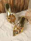 Step into summer with these trendy plus size gold flat sandals, perfectly designed for sunny days and warm nights. Featuring a playful sunflower decoration, they add a touch of sunshine to any outfit—whether you're at the beach, on vacation, or dancing at a wedding. Comfortable and eye-catching, these sandals keep you stylish and ready for all your summer adventures.