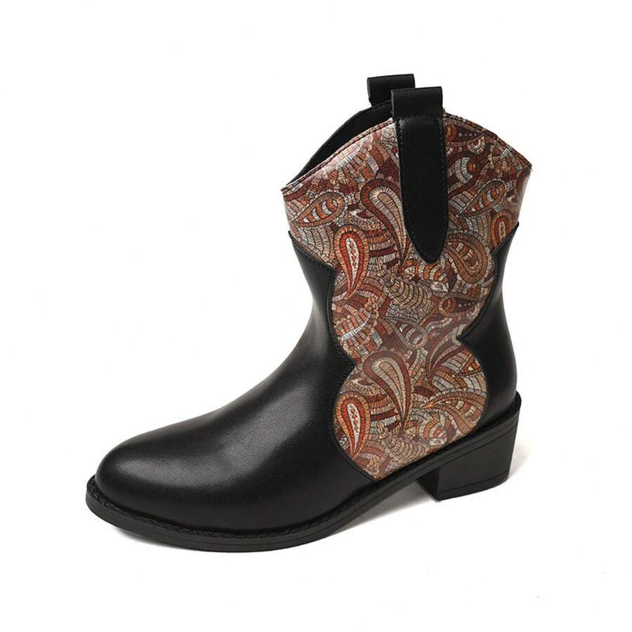 Front view of Trendy Plus Size Pointed Toe Chunky Heeled Retro Short Boots for Women - Versatile Color Blocked Chinese Style for punk motorcycle boot styling