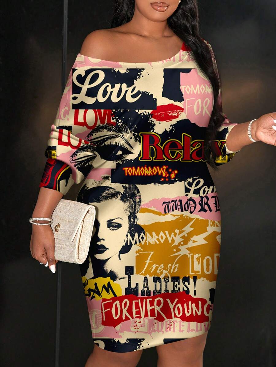 Front view of plus size pink graphic print dress with Y2K vintage aesthetic