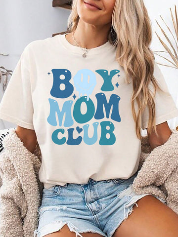 Join the "Boy Mom Club" with this trendy summer t-shirt! Featuring a slim fit and short sleeves, this round neck shirt is perfect for casual outings. Show off your love for your boys in a playful way.