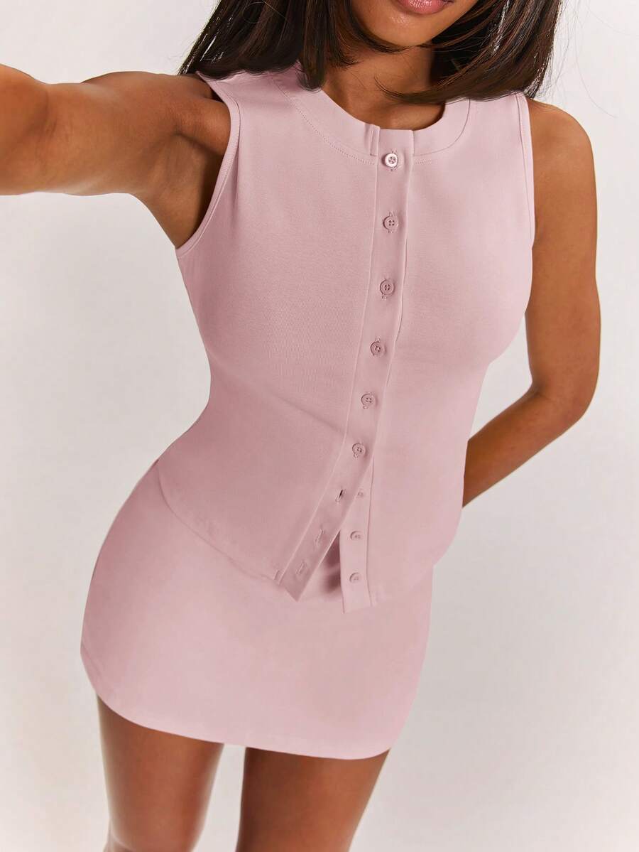 Front view of Trendy Summer Striped Knit Tank Top and Low Waist Mini Skirt Set for Women - Perfect for Brunch, Dates, and Beach Holidays for women co-ord styling