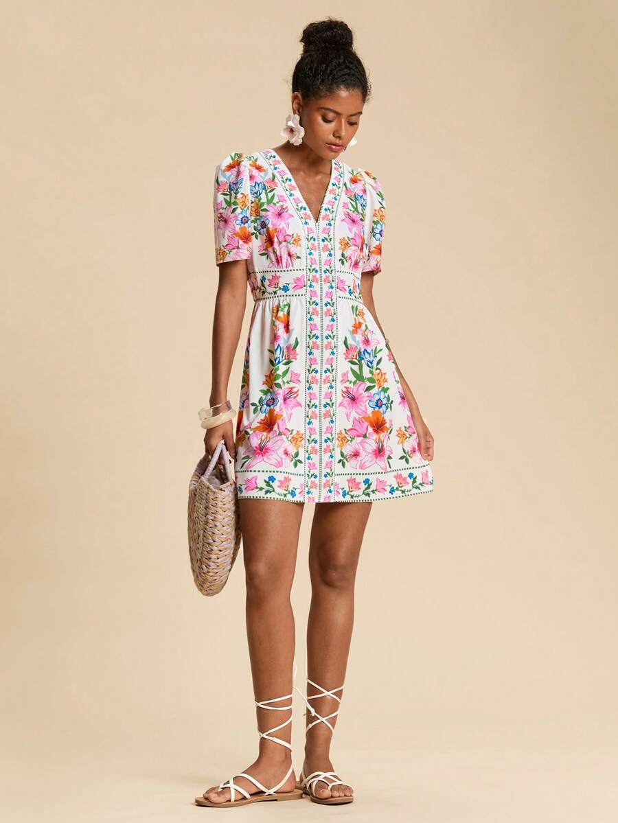 Escape to paradise in this vibrant Travachic mini dress, designed for sun-soaked getaways and carefree adventures. Featuring a flattering high-waist A-line silhouette with playful puff sleeves and charming pom-pom details, this boho beauty combines tropical flair with effortless elegance. The V-neckline and flounce hem add movement and dimension, while the loose fit ensures all-day comfort. Perfect for beach days, resort wear, or festival celebrations.