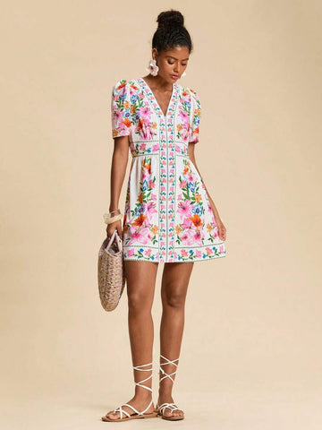 Escape to paradise in this vibrant Travachic mini dress, designed for sun-soaked getaways and carefree adventures. Featuring a flattering high-waist A-line silhouette with playful puff sleeves and charming pom-pom details, this boho beauty combines tropical flair with effortless elegance. The V-neckline and flounce hem add movement and dimension, while the loose fit ensures all-day comfort. Perfect for beach days, resort wear, or festival celebrations.