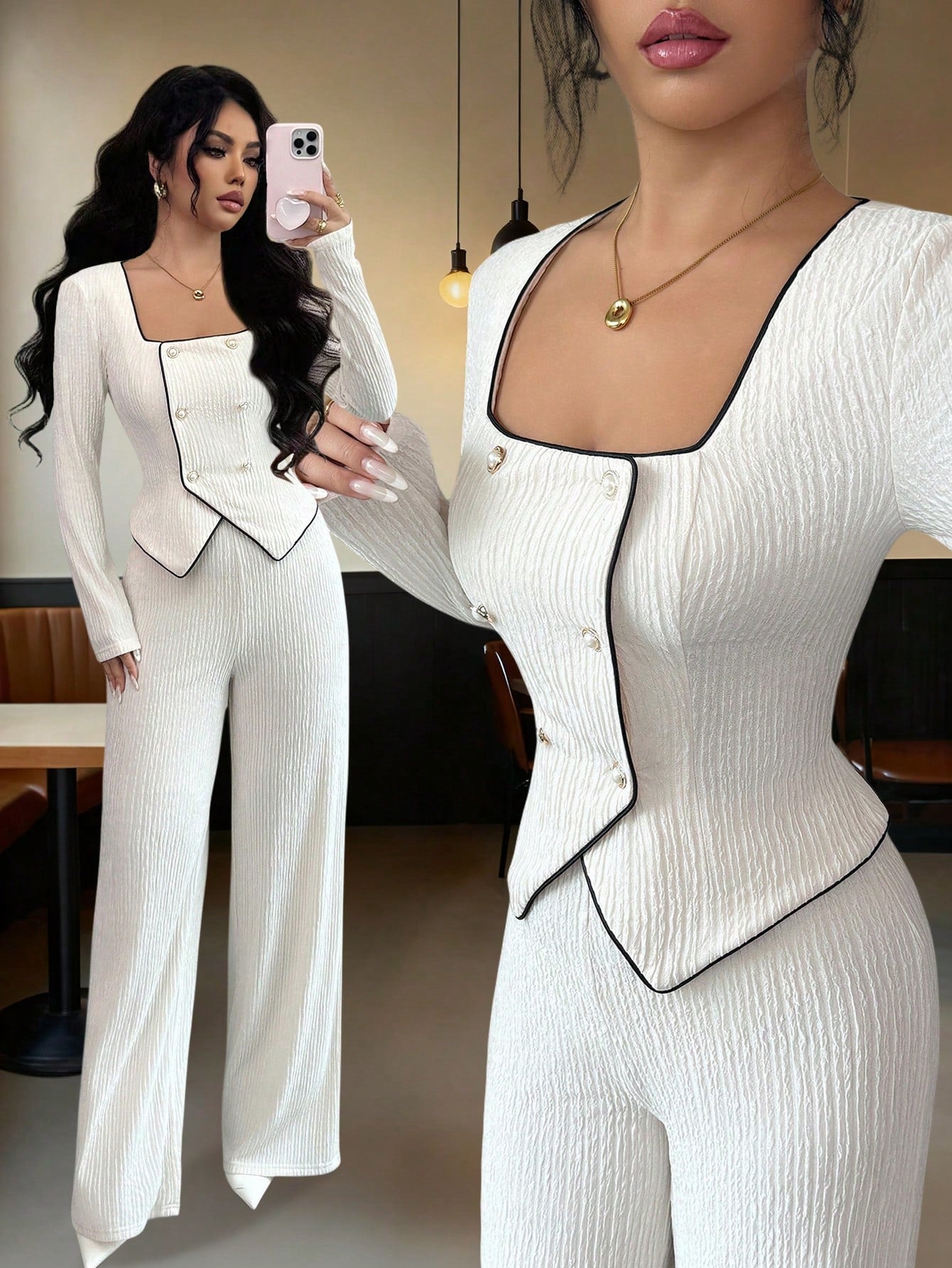 Elevate your cold-weather wardrobe with this chic 2-piece set that's giving sophisticated edge. The sharp square collar adds instant polish, while the waist-cinching design flatters your silhouette beautifully. Contrast trim details bring visual interest and that coveted designer touch. Perfect for layering through autumn and winter, this set transitions effortlessly from casual coffee runs to evening plans. Mix, match, or wear together—either way, you're serving looks that turn heads.