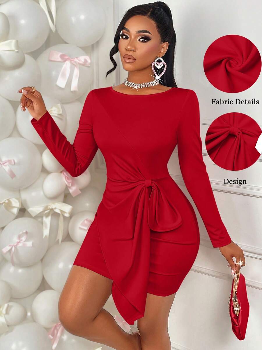 Turn heads at your next fall or winter celebration in this chic bodycon mini dress. The fitted silhouette hugs your curves in all the right ways, while long sleeves keep you cozy through the season. A charming bow detail at the neckline adds that perfect touch of flirtation and personality. Whether you're hitting a holiday party or a night out with friends, this dress delivers effortless style and confidence. Dress it up with heels and statement jewelry for maximum impact.