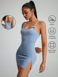 Step out in style with this playful denim cami dress featuring a charming bow detail and a flirty side slit. Its fitted silhouette hugs your curves, making it perfect for casual outings or fun nights out. Comfortable and trendy, this dress adds a touch of youthful flair to your wardrobe.