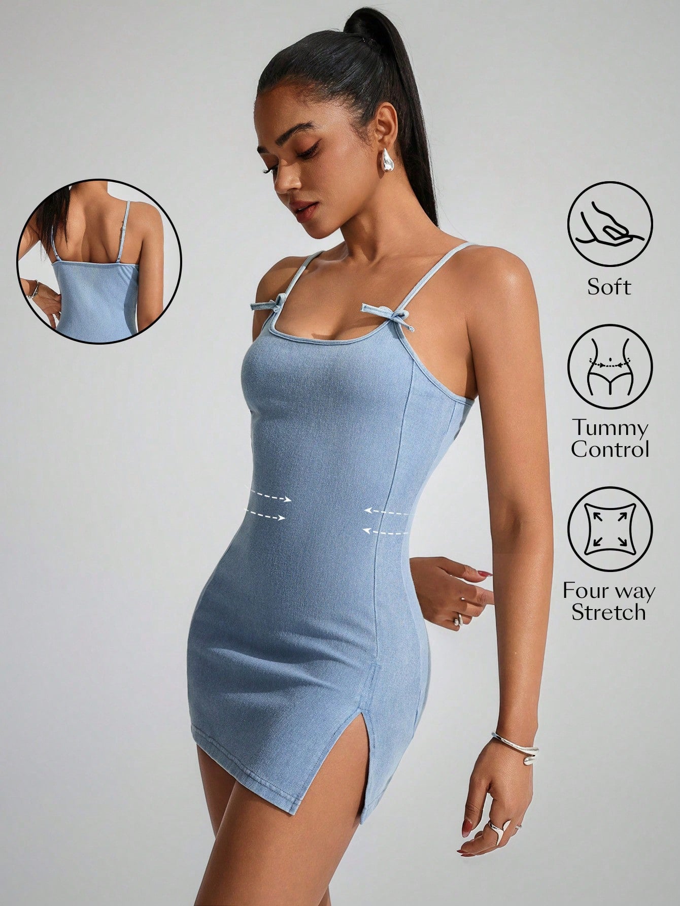 Step out in style with this playful denim cami dress featuring a charming bow detail and a flirty side slit. Its fitted silhouette hugs your curves, making it perfect for casual outings or fun nights out. Comfortable and trendy, this dress adds a touch of youthful flair to your wardrobe.