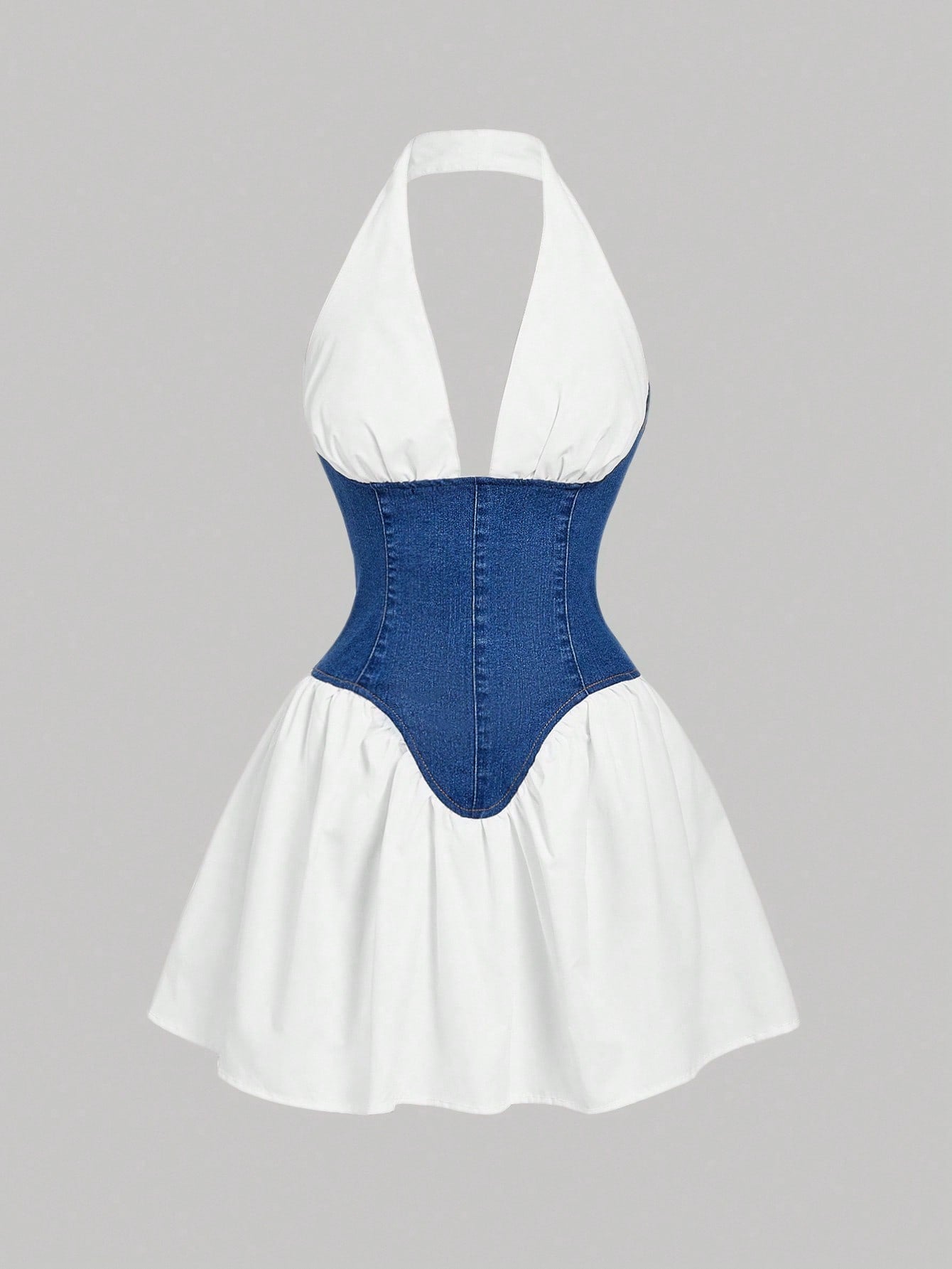 Trendy Women's Color Block Backless Halter Neck Denim Dress