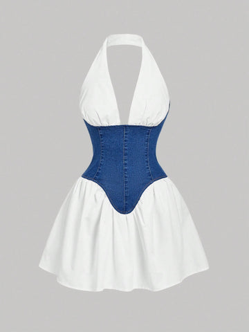Step out in style with this trendy color block denim dress! Featuring a flirty backless halter neck, it’s perfect for sunny days and summer nights. The playful mix of colors adds a fun twist to classic denim, making it a must-have for your chic, warm-weather wardrobe. Whether you’re brunching with friends or dancing under the stars, this dress lets you keep cool and look fabulous effortlessly.