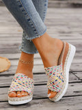 Step into summer fun with these colorful woven wedge heel platform sandals! Designed for stylish comfort, their vibrant hues and playful texture add a pop of personality to any outfit. The wedge heel gives you a lift while keeping your feet cozy all day long. Perfect for sunny days, casual outings, or dancing the night away in style!