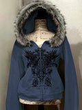 Front view of navy blue hooded zip-up jacket with black wing graphic and faux-fur trim