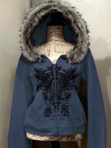 Front view of navy blue hooded zip-up jacket with black wing graphic and faux-fur trim