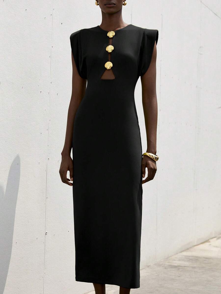 Make a statement with this sophisticated bodycon dress featuring dramatically exaggerated shoulders that command attention. The sleek silhouette is anchored by an eye-catching hollow metal buckle at the natural waist, creating an elegant focal point. Crafted from 100% polyester woven fabric with subtle stretch, this long dress offers a flattering slim fit with a pencil hem. The round neckline and sleeveless cut keep the look modern and versatile. Perfect for beach occasions, evening events, or festival cele