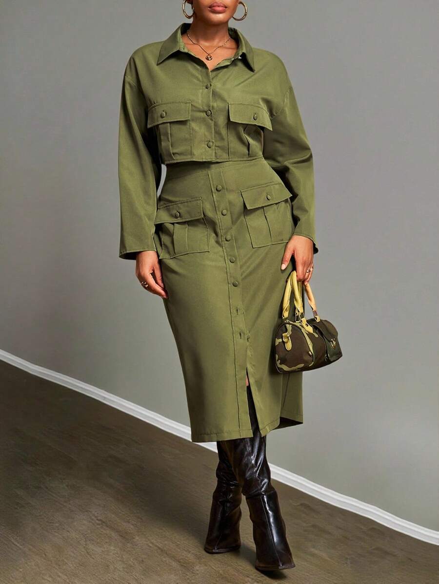 Elevate your seasonal wardrobe with this versatile 2-piece set featuring a cropped utility shirt and coordinating skirt. The button-front shirt showcases practical pockets and a classic baseball collar, while the long skirt offers a balanced silhouette. Crafted from 100% polyester woven fabric, this comfortable ensemble transitions seamlessly from festivals and night outs to everyday wear. Perfect for creating effortless, on-trend looks that work for any occasion—from casual days to special events. Machine 