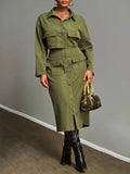 Elevate your seasonal wardrobe with this versatile 2-piece set featuring a cropped utility shirt and coordinating skirt. The button-front shirt showcases practical pockets and a classic baseball collar, while the long skirt offers a balanced silhouette. Crafted from 100% polyester woven fabric, this comfortable ensemble transitions seamlessly from festivals and night outs to everyday wear. Perfect for creating effortless, on-trend looks that work for any occasion—from casual days to special events. Machine 