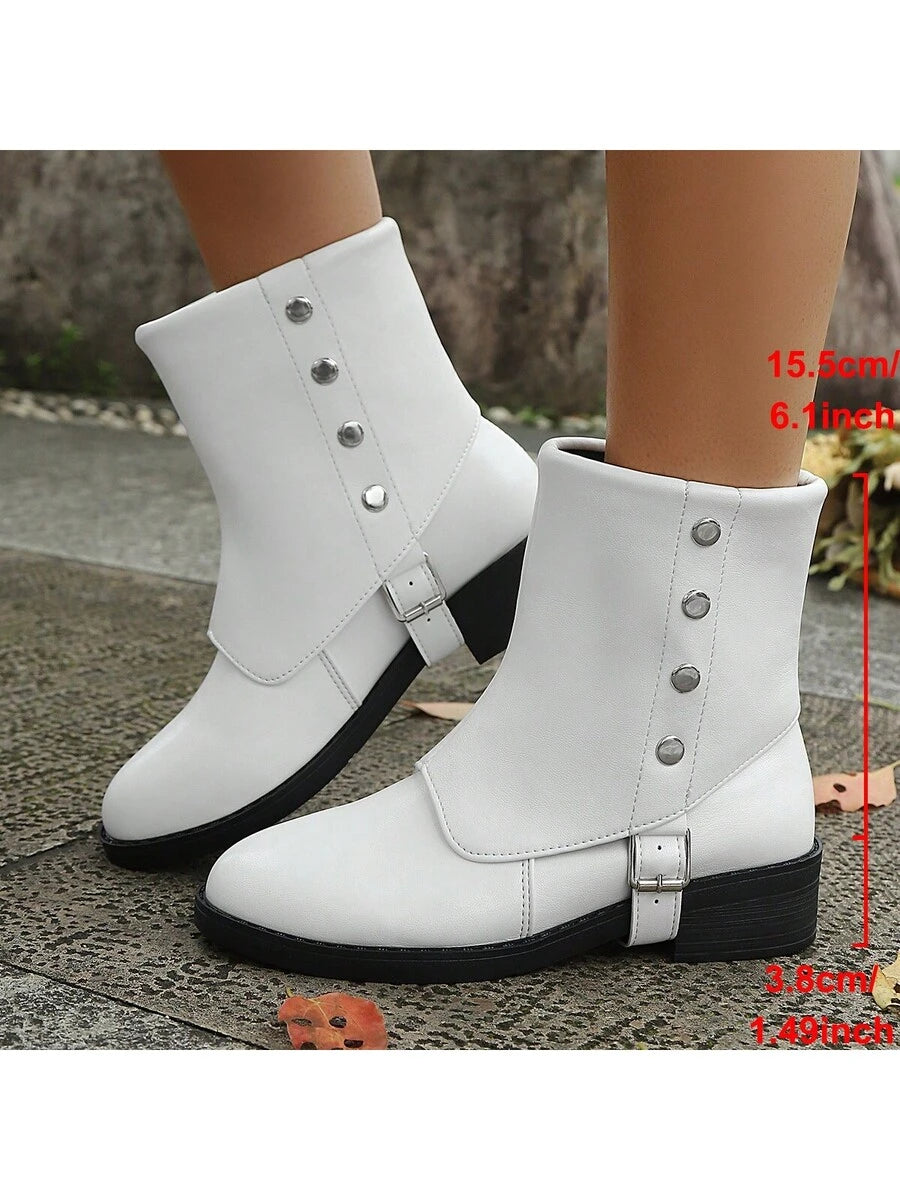 Step up your style game with these trendy British-inspired mid-calf western boots designed especially for women who love a bold look. Featuring a leather belt wrapped with rugged rivets, these boots blend classic charm with modern flair. Perfect for adding a playful edge to any outfit while offering a comfortable fit in larger sizes, they’ll have you ready to strut with confidence wherever you go.