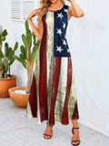 Celebrate summer in style with this trendy women's long tank dress featuring a bold American flag print. Its lightweight, flowy design keeps you cool and comfortable whether you're lounging on vacation or out and about daily. Easy to dress up or down, this playful piece adds a patriotic pop to your wardrobe while letting you move freely all day long. Perfect for sunny days and star-spangled nights!