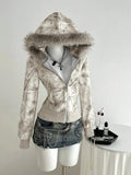 Front view of beige camo zip-up hoodie with faux-fur trimmed hood and ribbed cuffs
