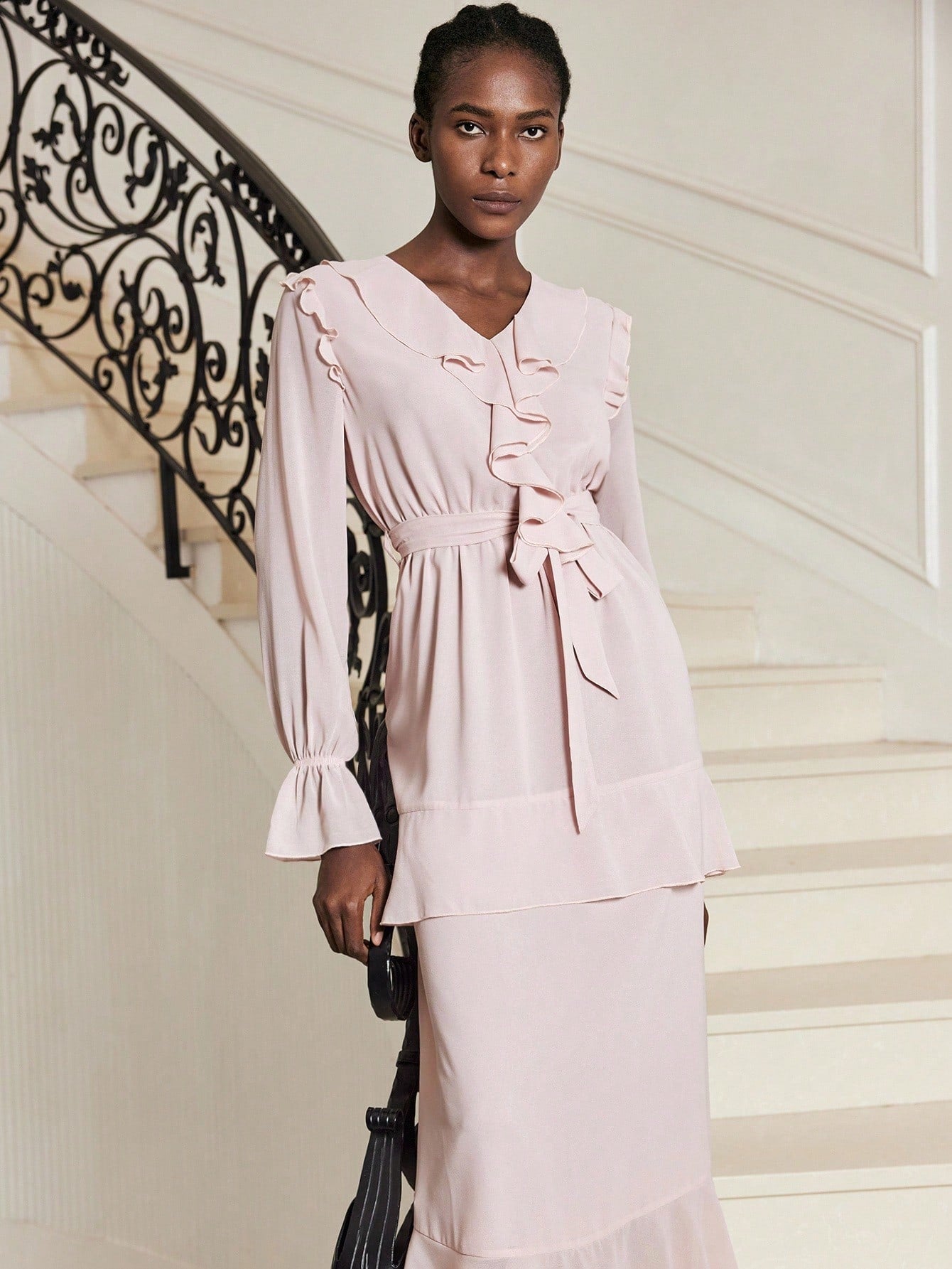 Trendy Women's Ruffle Hem Long Sleeve Midi Dress