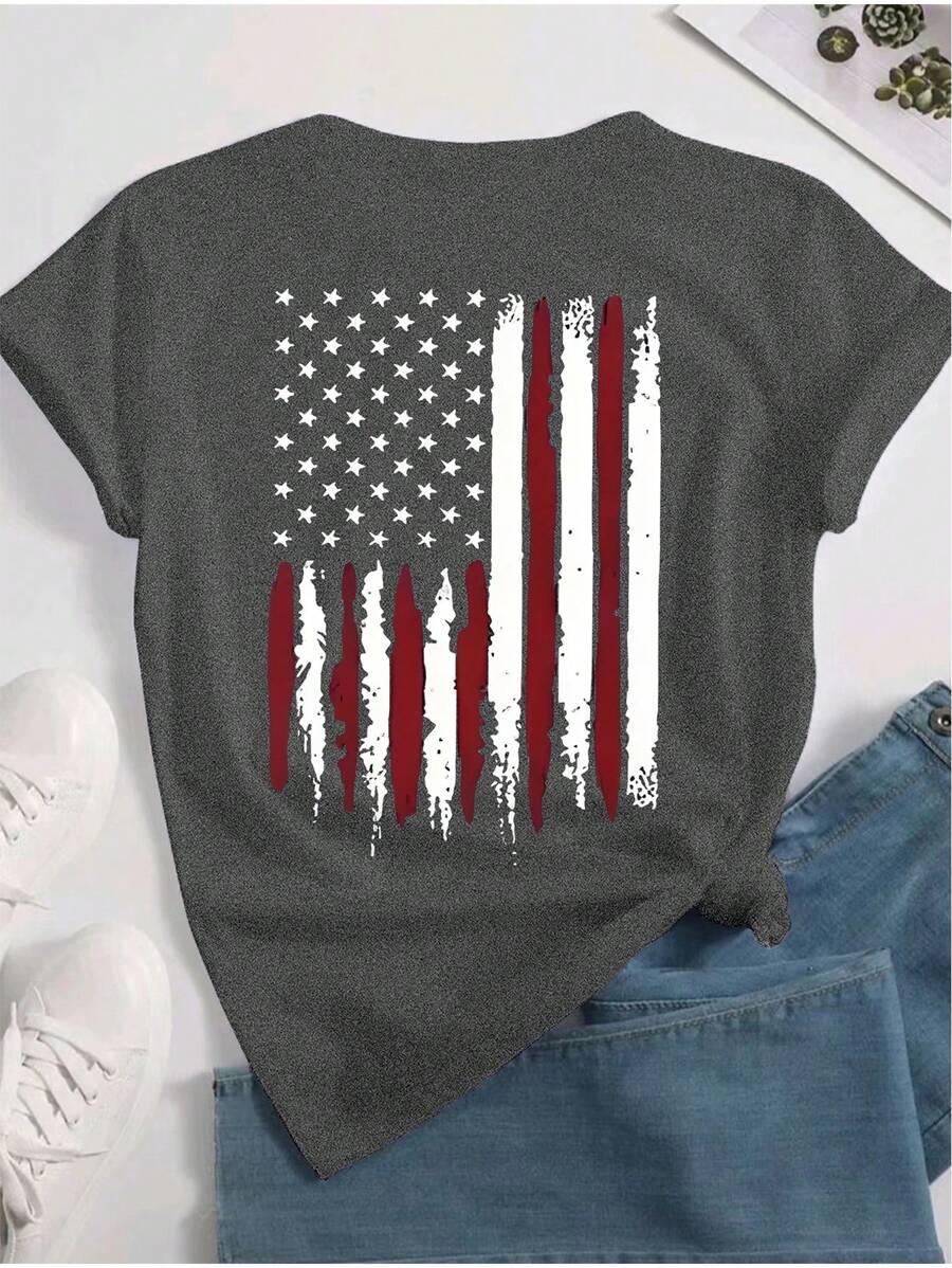 Show off your patriotic spirit with a fun twist in this trendy women’s short sleeve tee featuring a bold USA flag graphic. Perfect for casual outings or festive celebrations, this comfy top adds a splash of style and pride to any outfit. Lightweight and easy to wear, it’s your go-to for effortless, playful fashion all year round.