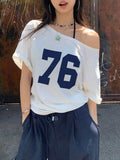 Image 1 - front view of Trendy Women’s Summer Asymmetric Neck Numeric Print Short Sleeve T-Shirt for Casual Chic Style