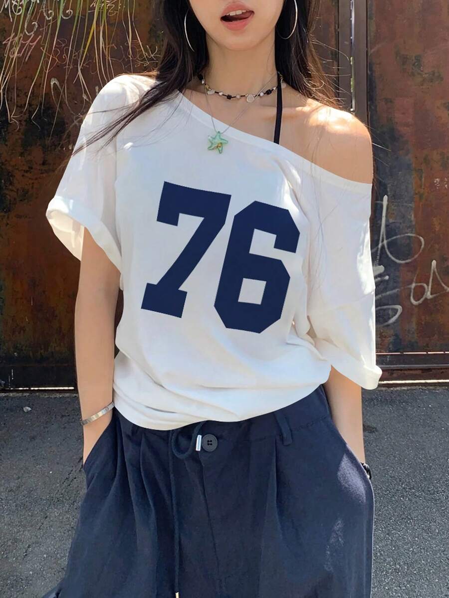 Image 1 - front view of Trendy Women’s Summer Asymmetric Neck Numeric Print Short Sleeve T-Shirt for Casual Chic Style