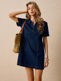 Rock your summer style with our trendy women's zip-up denim dress! This short sleeve dress is perfect for a casual yet stylish look, with a touch of boho flair. Made with high-quality denim, it's both comfortable and fashionable. Upgrade your wardrobe with this must-have summer outfit!
