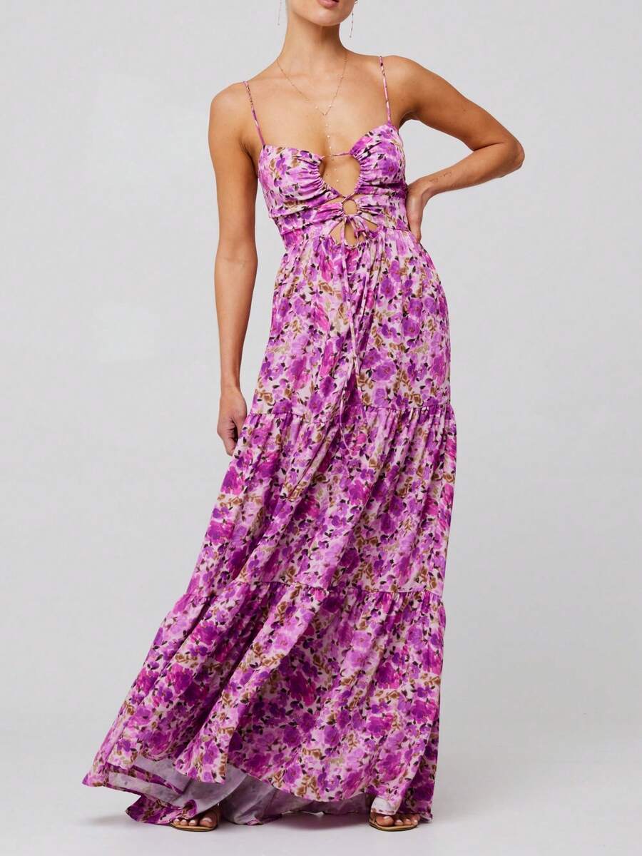 Front view of purple floral spaghetti-strap maxi dress with ring cutouts and tiered skirt