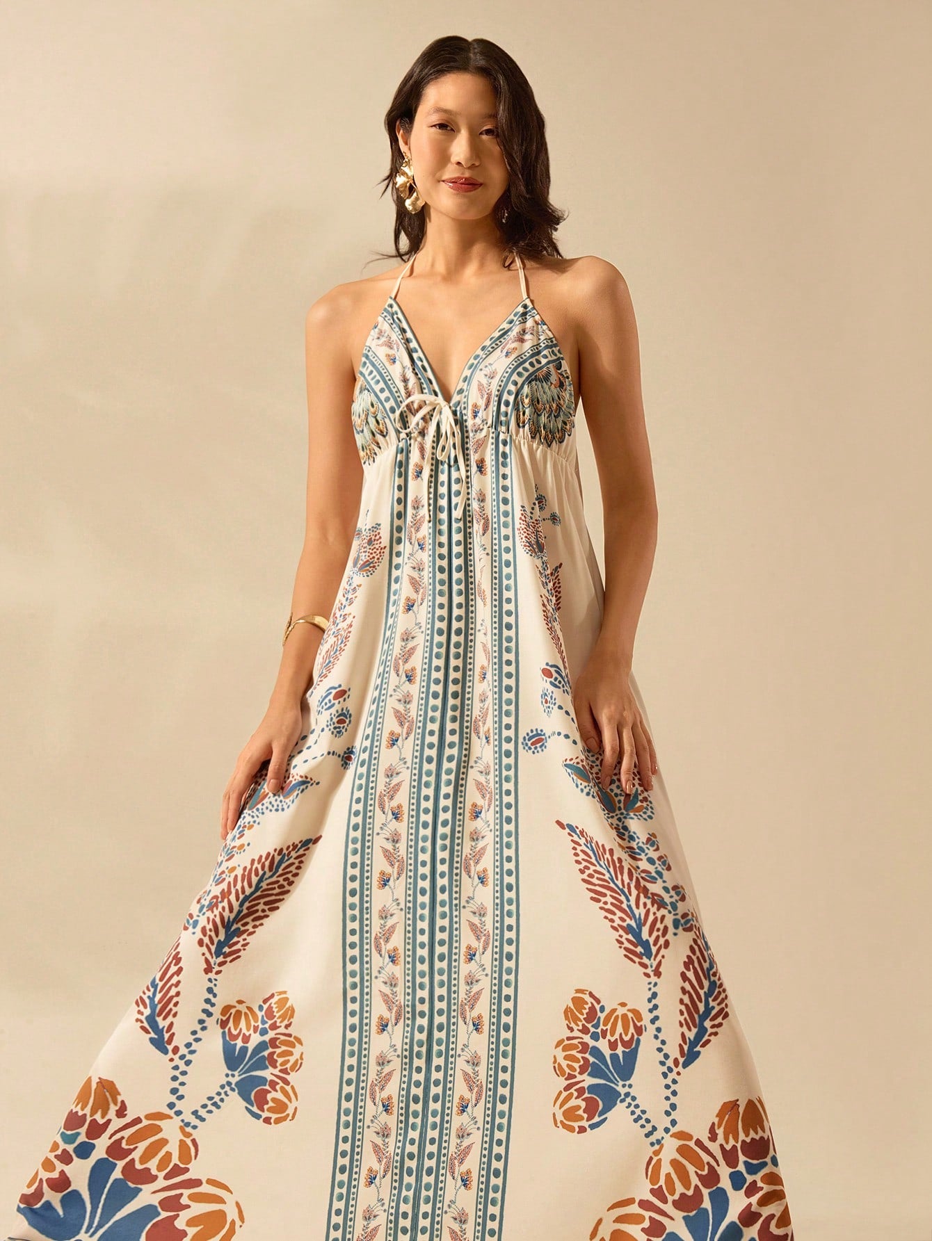 Tropical Boho Bliss: Women's Lace-Up Spaghetti Strap Maxi Dress – Canary Houze