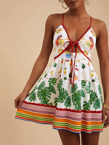 Effortlessly stylish for summer, this cami dress features a unique tropical print. Perfect for a day at the beach or a night out, the minimalist design adds a touch of elegance. Embrace the effortless style with Tropical Elegance.