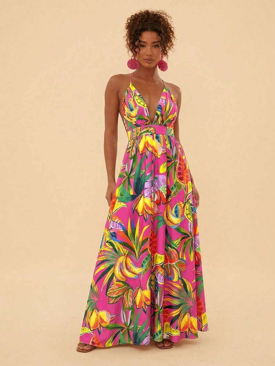 Exude Sun-Drenched Sophistication in Our Tropical Floral Backless Spaghetti Strap Dress!

Experience the breathtaking fusion of heritage botanical artistry and sharp, modern architectural tailoring. This stunning tropical-print ensemble is meticulously designed for the woman who values a high-fashion, "quiet luxury" approach to seasonal dressing—the ultimate centerpiece for prestigious coastal retreats, exclusive family celebrations, and high-authority summer vacations.

Iconic Tropical Artistry: Featuring 