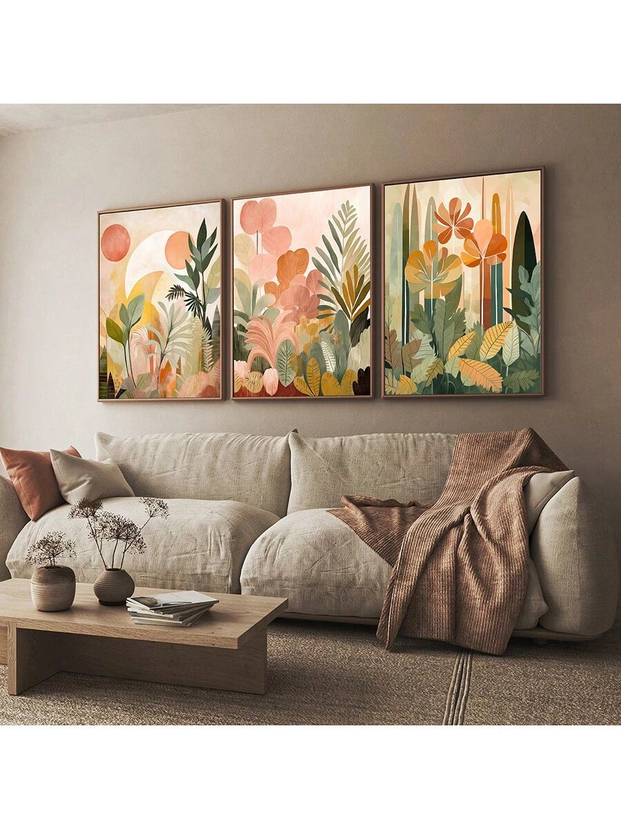 Living room sofa mockup of three tropical botanical prints in warm earth tones and wood-tone display frames