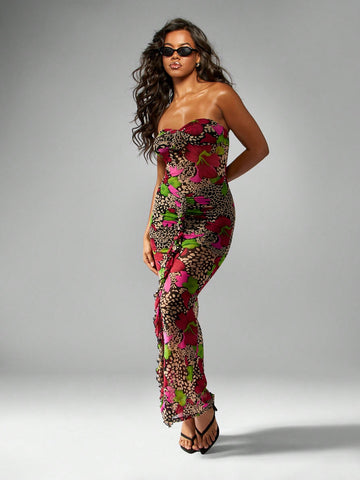 Step into your own tropical paradise with this strapless mesh maxi dress, designed to turn heads on summer vacations. The delicate floral pattern combined with ruched detailing flatters your silhouette, while the lightweight mesh fabric keeps you cool and breezy. Perfect for beach strolls or sunset dinners, this bodycon dress brings playful elegance with every step you take.