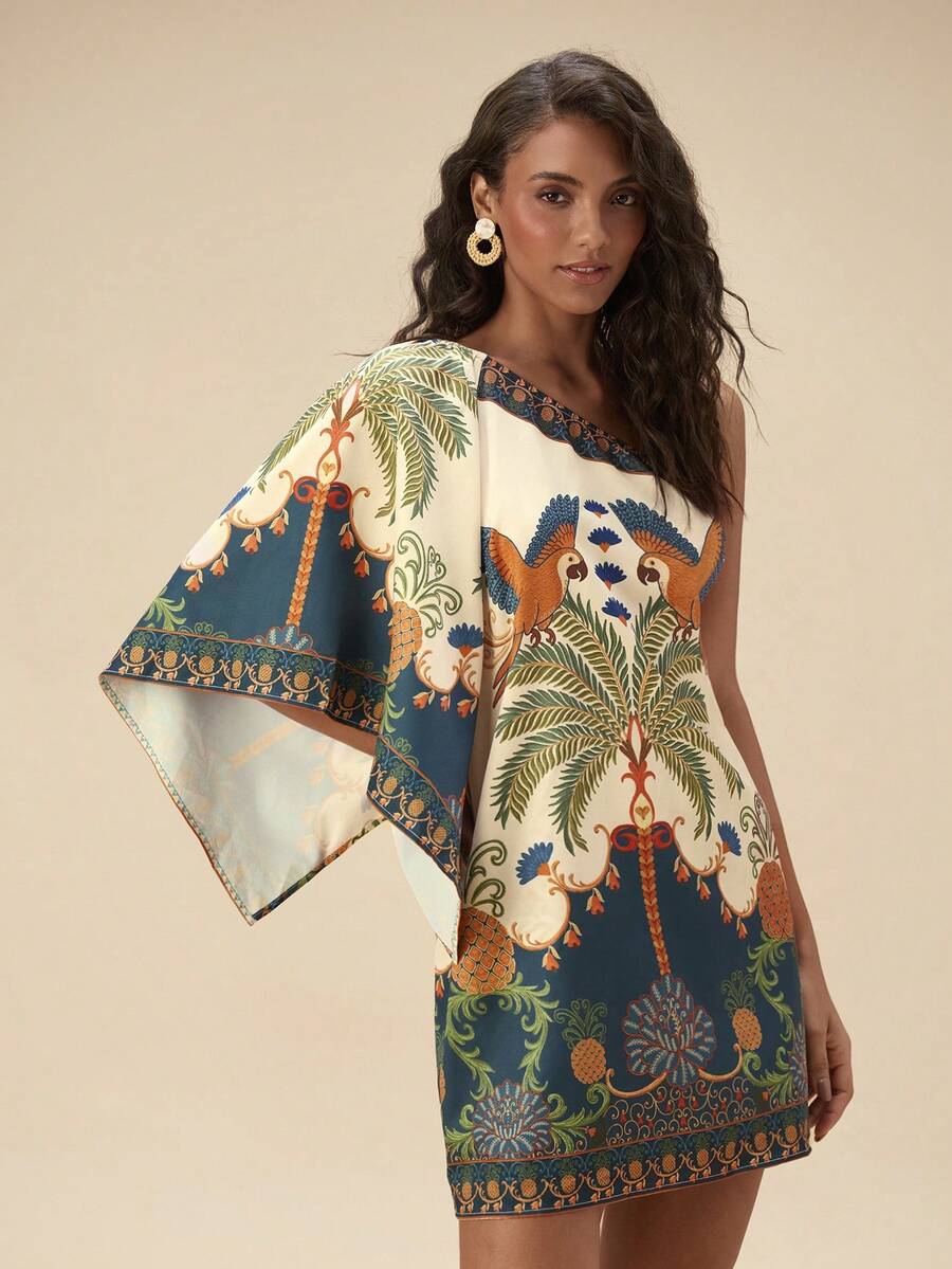 Embrace effortless tropical style with this asymmetric casual dress, designed for your warmest adventures. Featuring a playful cartoon tropical print in vibrant multicolor, this boho-inspired tunic combines comfort with eye-catching flair. The asymmetrical neckline and half-sleeve batwing cut create a relaxed, flattering silhouette perfect for beach days, spring break getaways, and summer vacations. 
