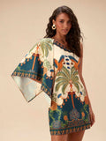 Embrace effortless tropical style with this asymmetric casual dress, designed for your warmest adventures. Featuring a playful cartoon tropical print in vibrant multicolor, this boho-inspired tunic combines comfort with eye-catching flair. The asymmetrical neckline and half-sleeve batwing cut create a relaxed, flattering silhouette perfect for beach days, spring break getaways, and summer vacations. 