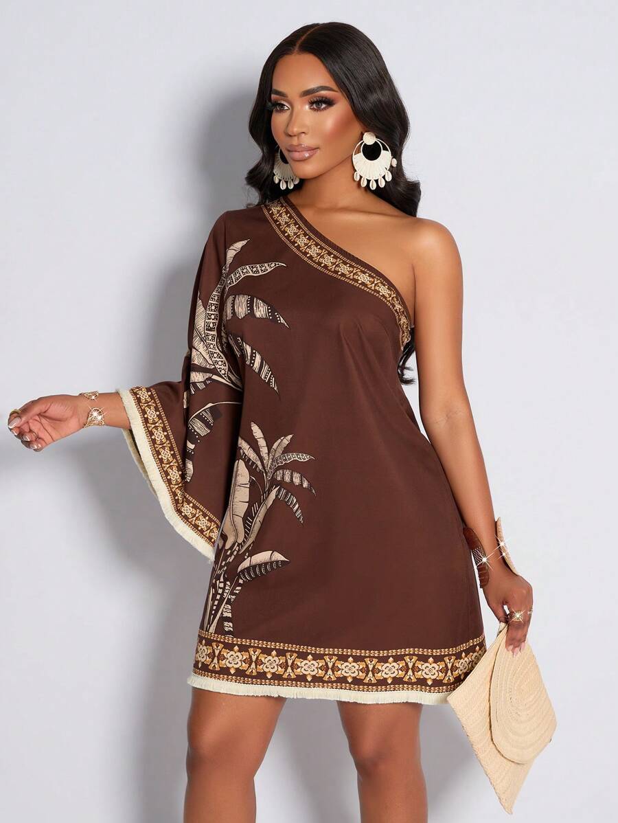 Escape to paradise with this vibrant one-shoulder dress that captures the lush essence of tropical rainforests. The asymmetrical neckline creates an effortlessly chic silhouette, while the playful tassel skirt adds movement and flair to every step. Perfect for warm-weather adventures, beach getaways, or turning heads at summer gatherings. The breathable fabric keeps you cool and comfortable, letting you embrace the season with confidence and style. Whether you're lounging poolside or exploring new destinati