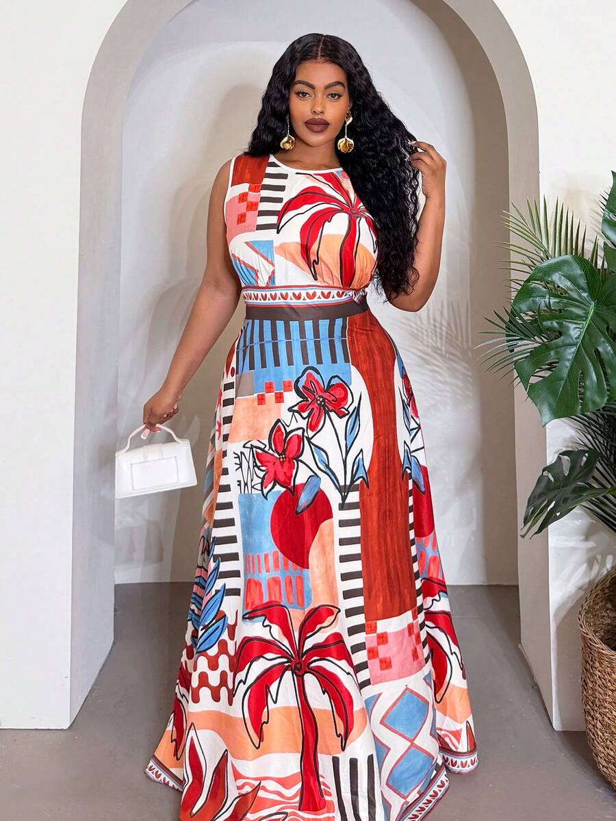 Front view of tropical rainforest plus size maxi dress for elegant spring/summer vacations and everyday chic with summer styling for summer casual wear