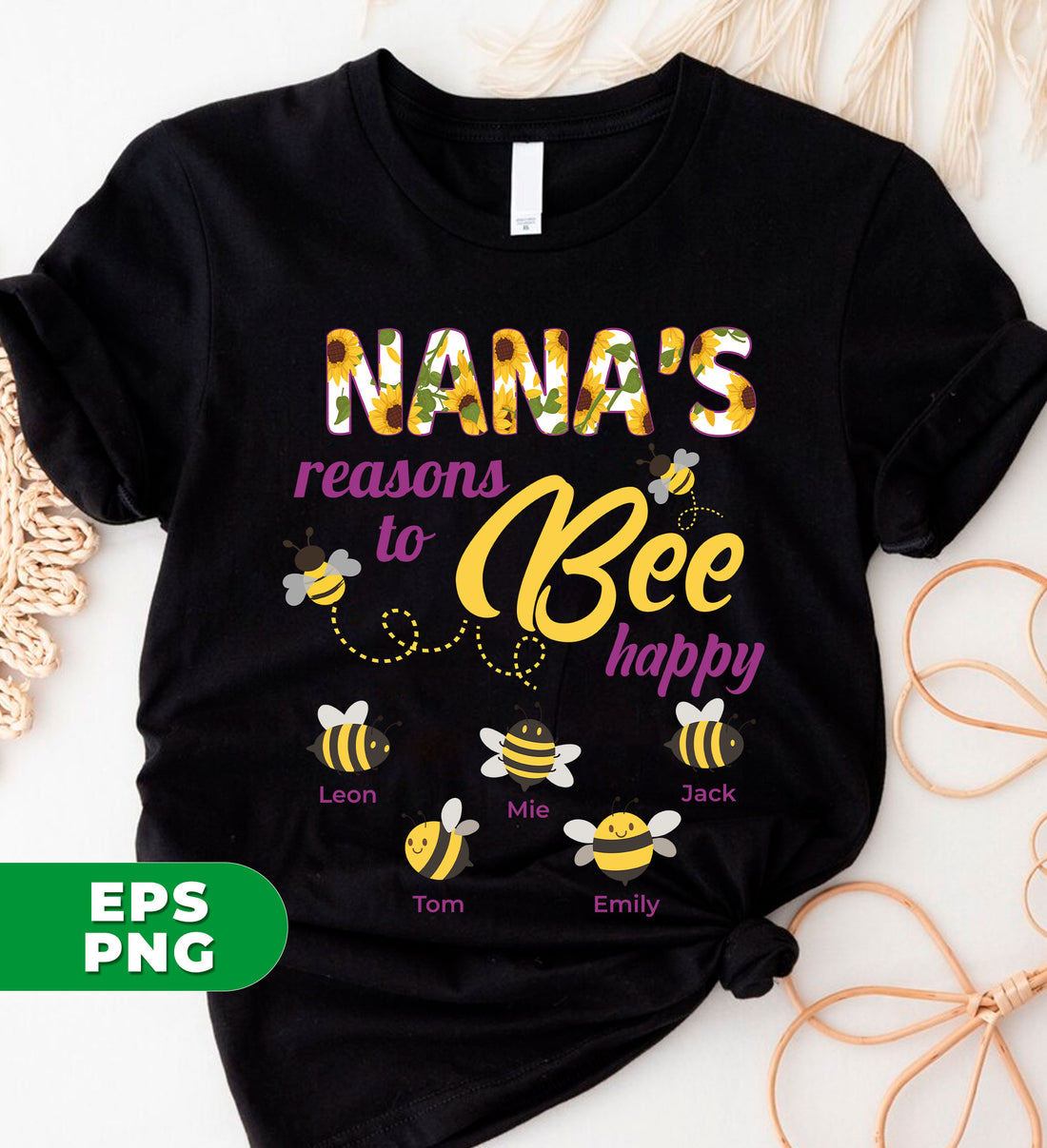 Elevate your happiness game with Nana's Reasons To Be Happy, Bee Happy, and Love My Nana digital files. Perfect for sublimation projects, these PNG files are sure to bring a smile to your face. Spread joy and pay tribute to the wonderful Nanas in your life with this expertly crafted design.