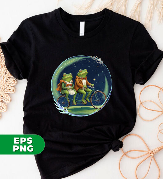 Frog Couple, Cute Frog, Frog Ride A Bike, Galaxy Sky, Romantic Night, Cottagecore Frog, Digital Files, Png Sublimation