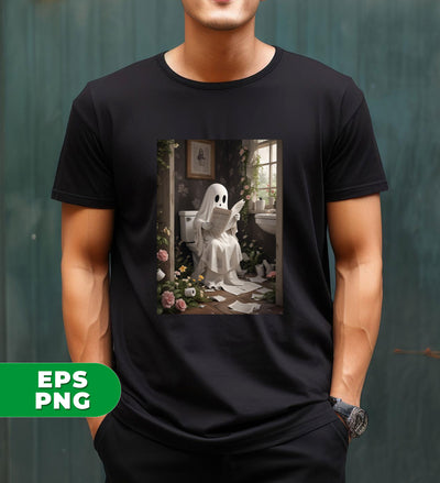 Cute Ghost, Happy Halloween, Funny Boo, Boo Reading In The Toilet, Bookworm Gift, Digital Files, Png Sublimation